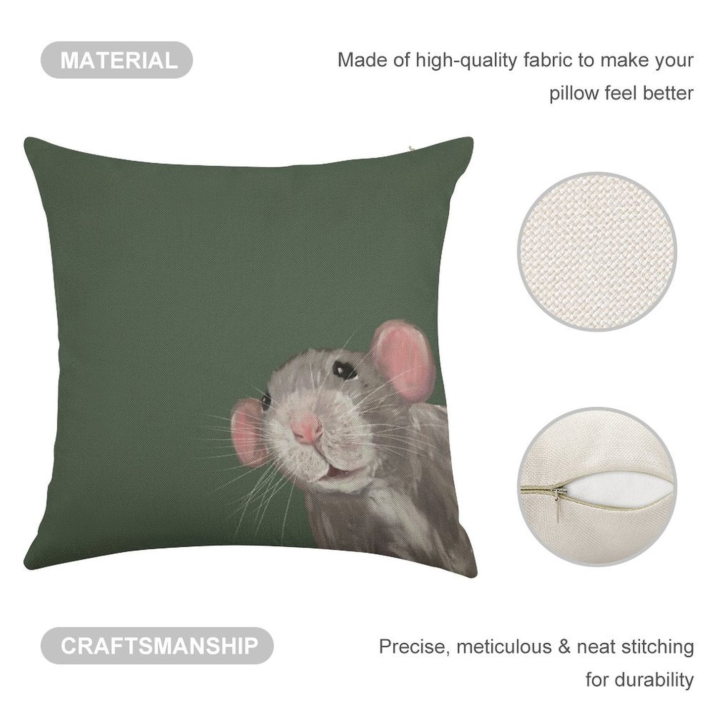 The Peeking Rat (Green) Linen Throw Pillow Cover
