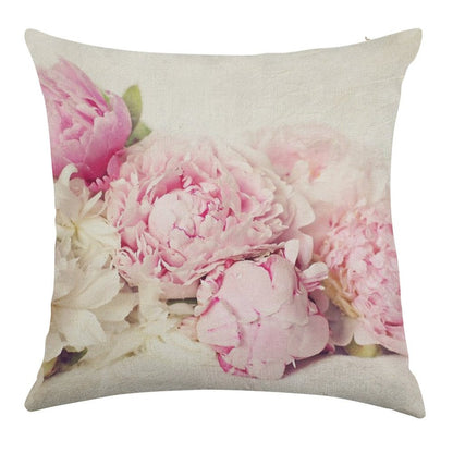 Peonies on White Linen Throw Pillow Cover
