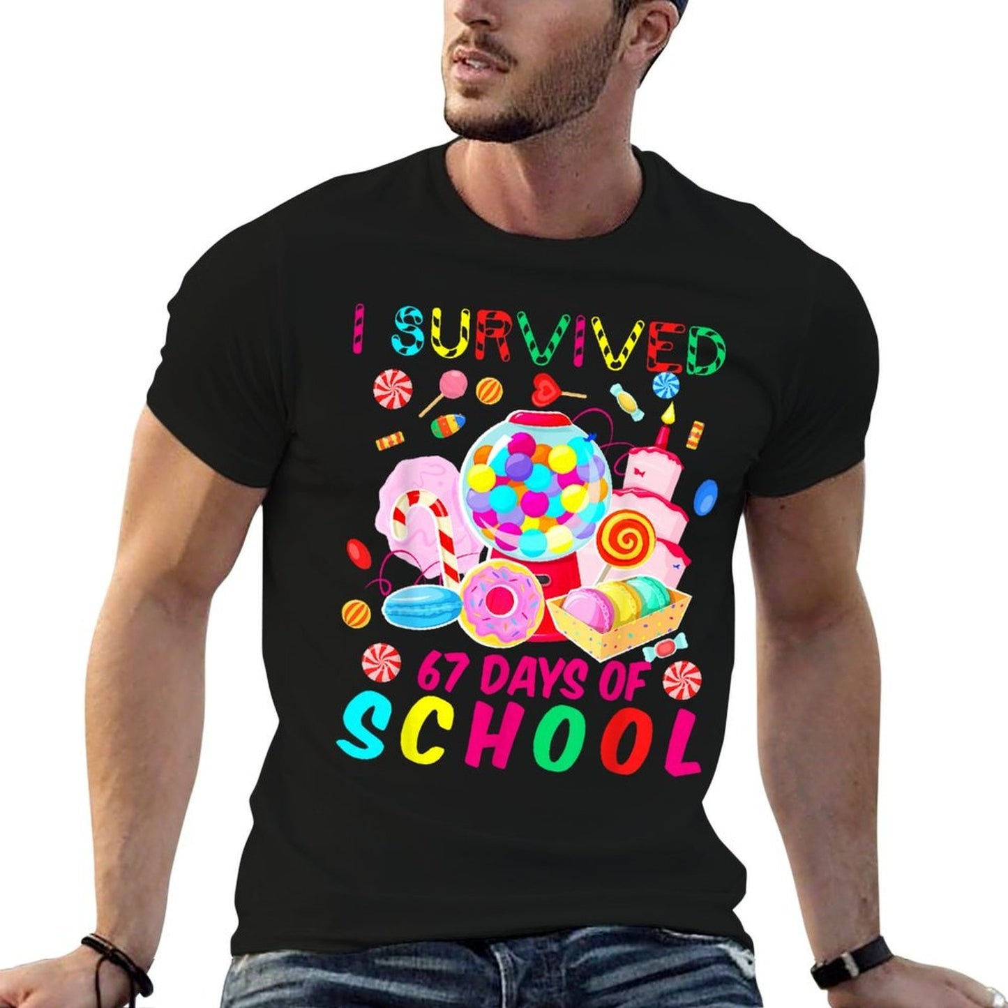 I Survived 67 Days of School Candy Funny 67 Teacher Student  Slim-fit Cut T-Shirt