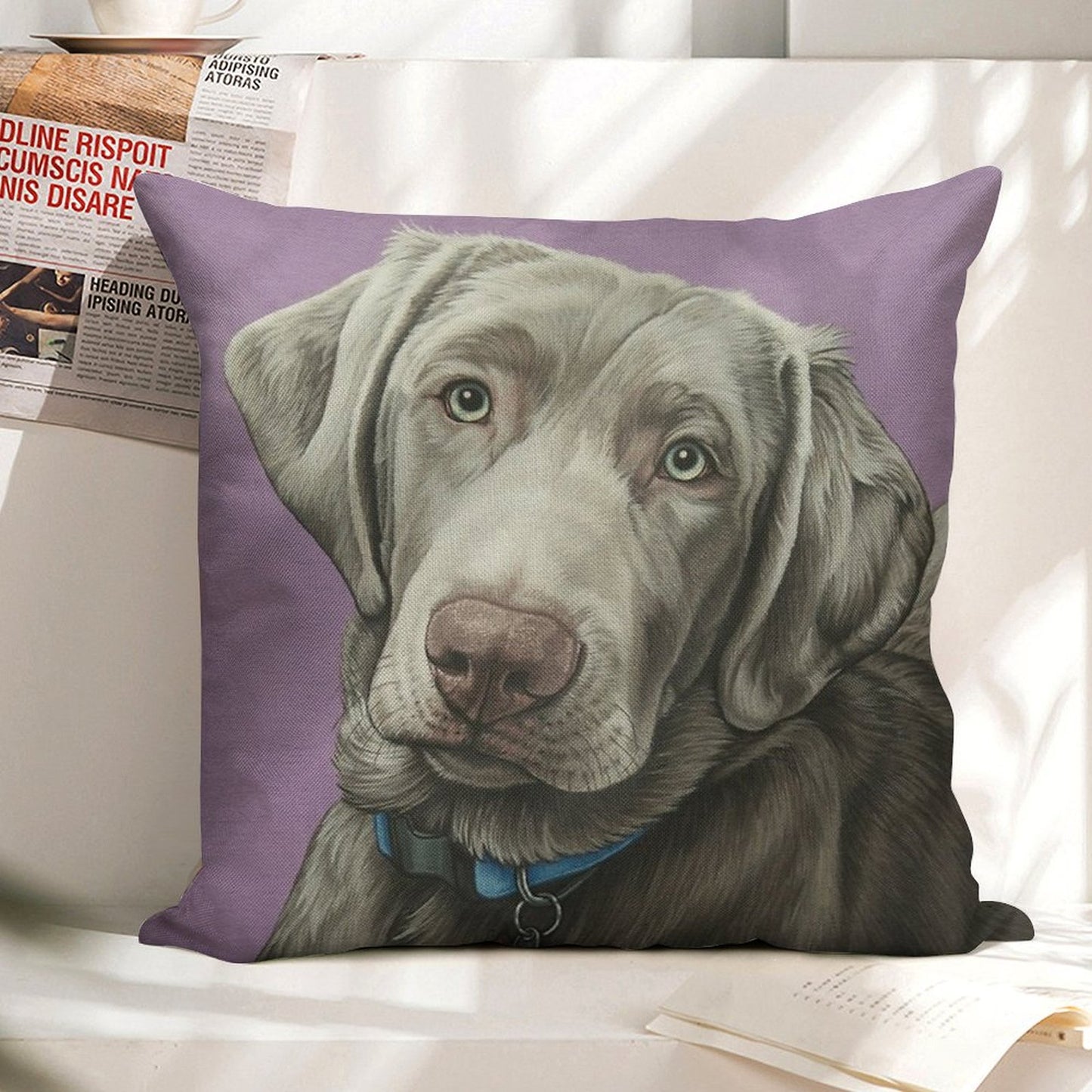 Sweet Silver Labrador Retriever Painting, Silver Lab Dog Puppy Art Linen Throw Pillow Cover
