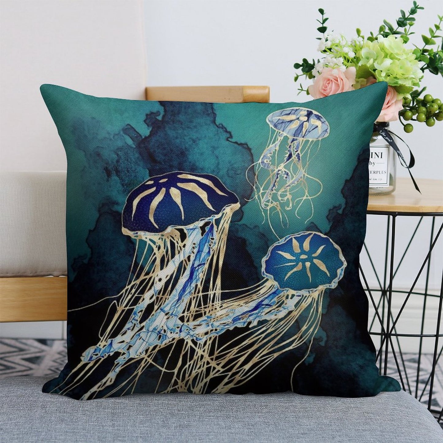 Metallic Jellyfish III Linen Throw Pillow Cover