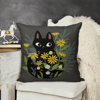 Black Cat with Flowers Linen Throw Pillow Cover