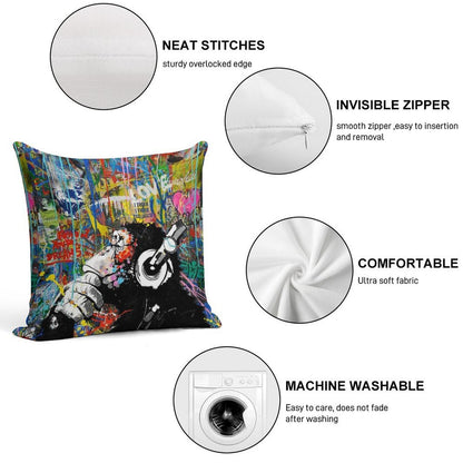 Monkey Thinker - Banksy Urban Contemporary Colorful Street Art -  DJ Chimp Soft Easy Maintenance Throw Pillow