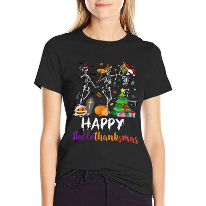 Happy Hallothanksmas Skeleton Pumpkin Turkey Santa Dancing  Summer-ready Fabric T-Shirt