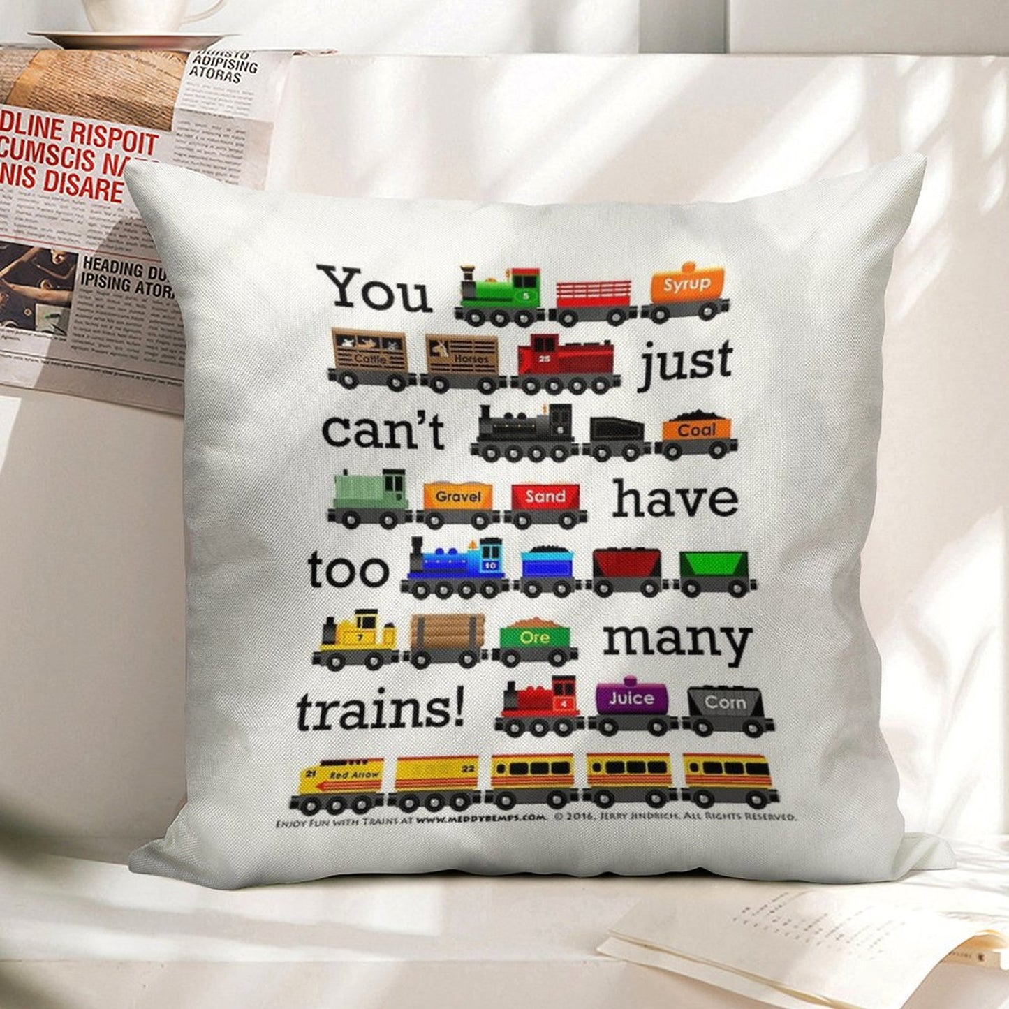 Too Many Trains - Black Lettering Linen Throw Pillow Cover