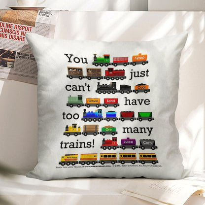 Too Many Trains - Black Lettering Linen Throw Pillow Cover