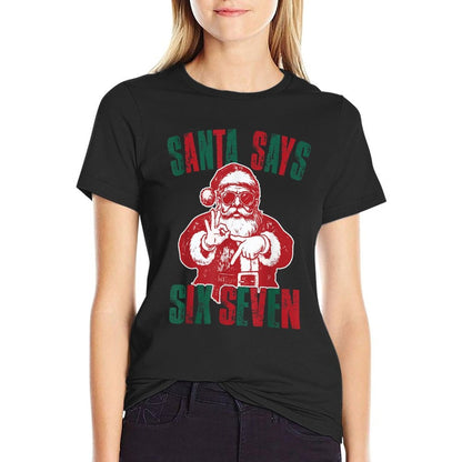 Santa Says Six Seven Funny 67 Meme Christmas Vintage Holiday  Rolled Sleeves T-Shirt