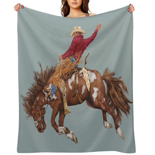 Vintage Western Rodeo Art, Bronco Busting Cowboy Throw Blanket