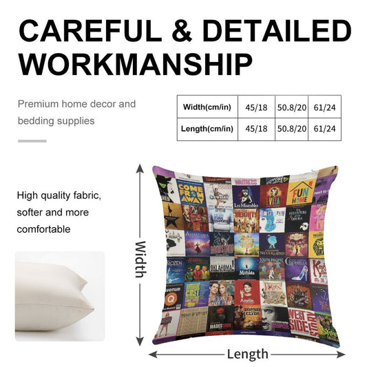 Musicals Collage Linen Throw Pillow Cover
