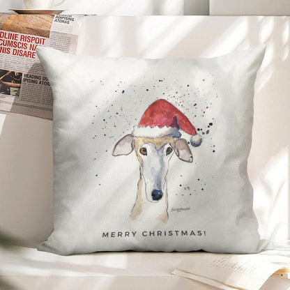 Galgo Espanol Christmas Hat Card, Brindle Greyhound Art Linen Throw Pillow Cover