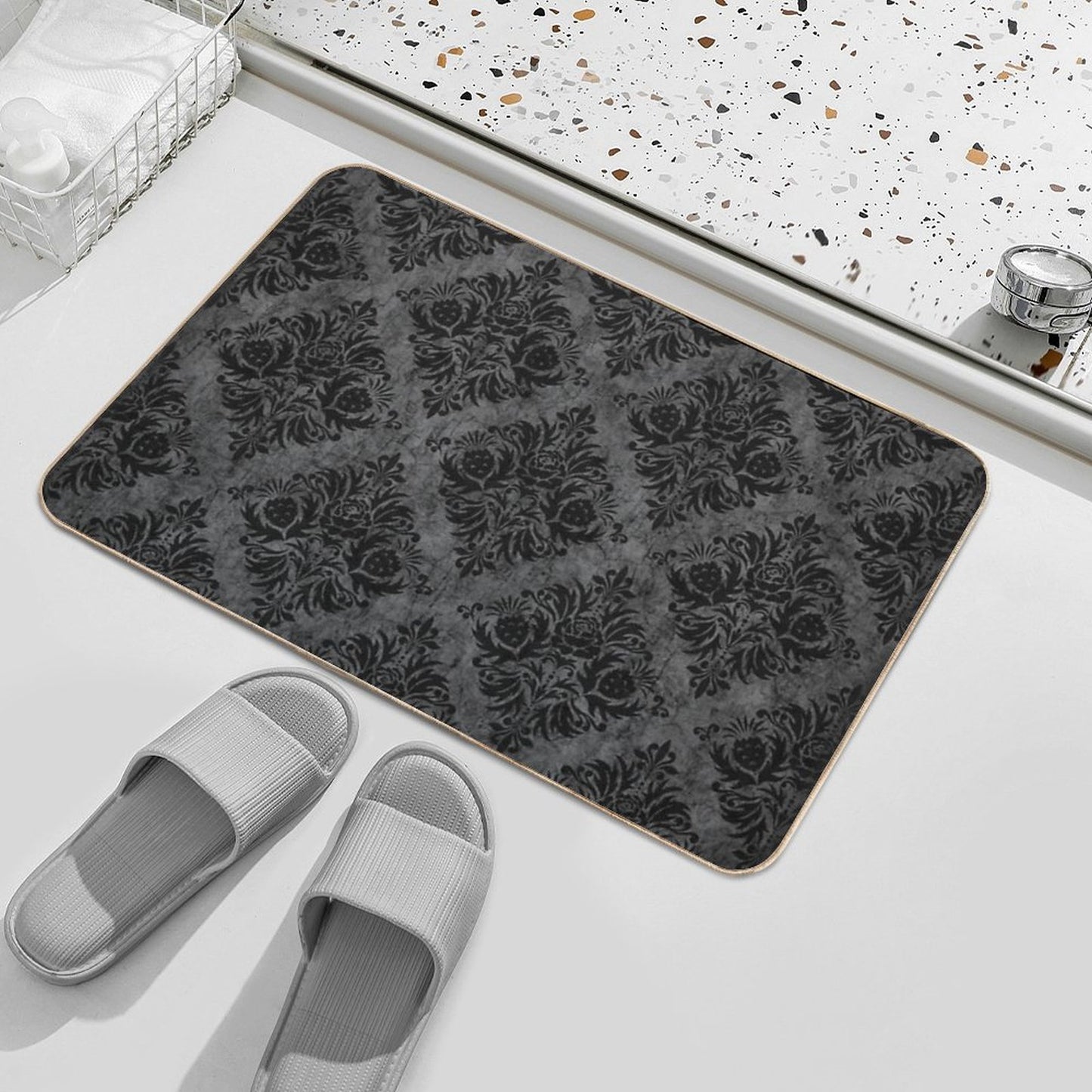 Gothic Black Damask Bath Mat