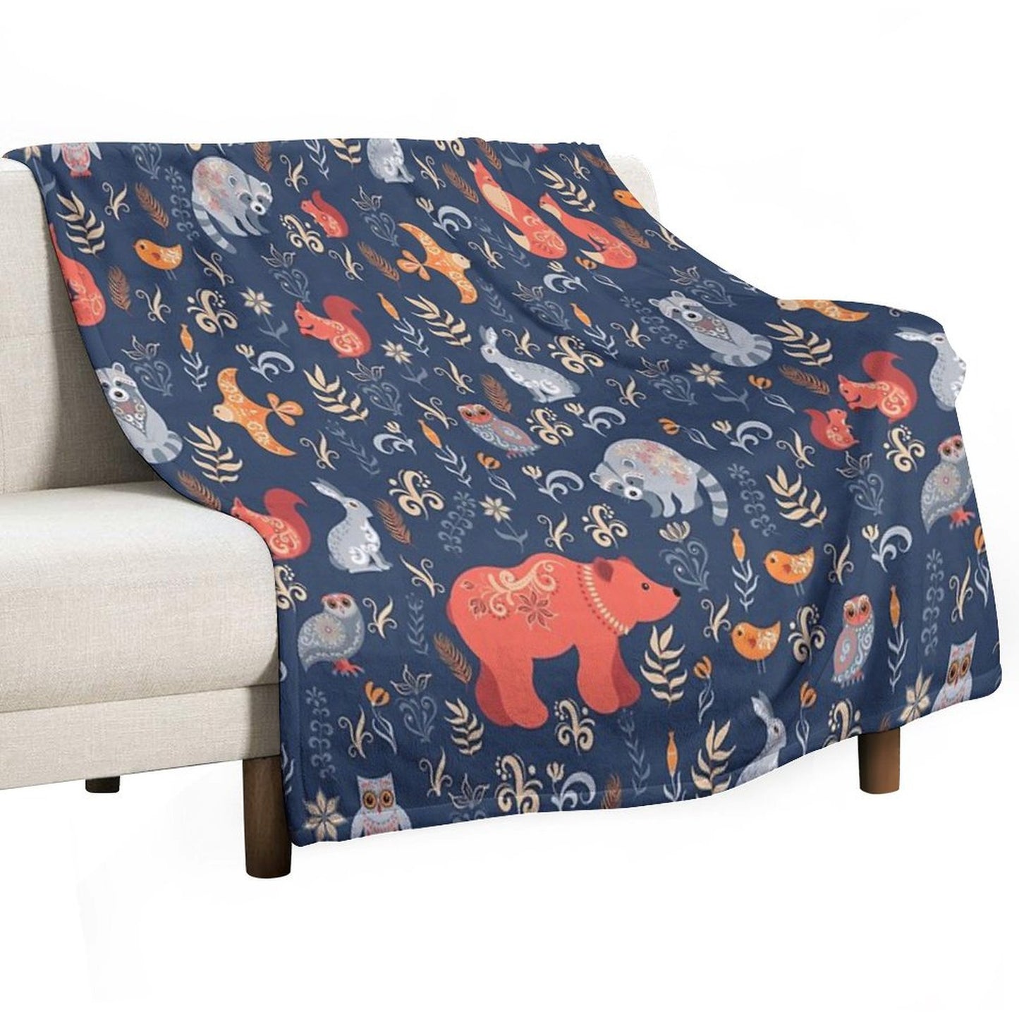 Fairy-tale Forest. Fox, Bear, Raccoon, Owls, Rabbits, Flowers And Herbs on A Blue Background. Throw Blanket