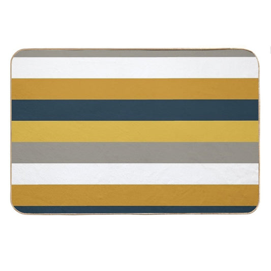 Broad Stripes Pattern in Light And Dark Mustard Yellow, Grey, White, And Navy Blue Bath Mat