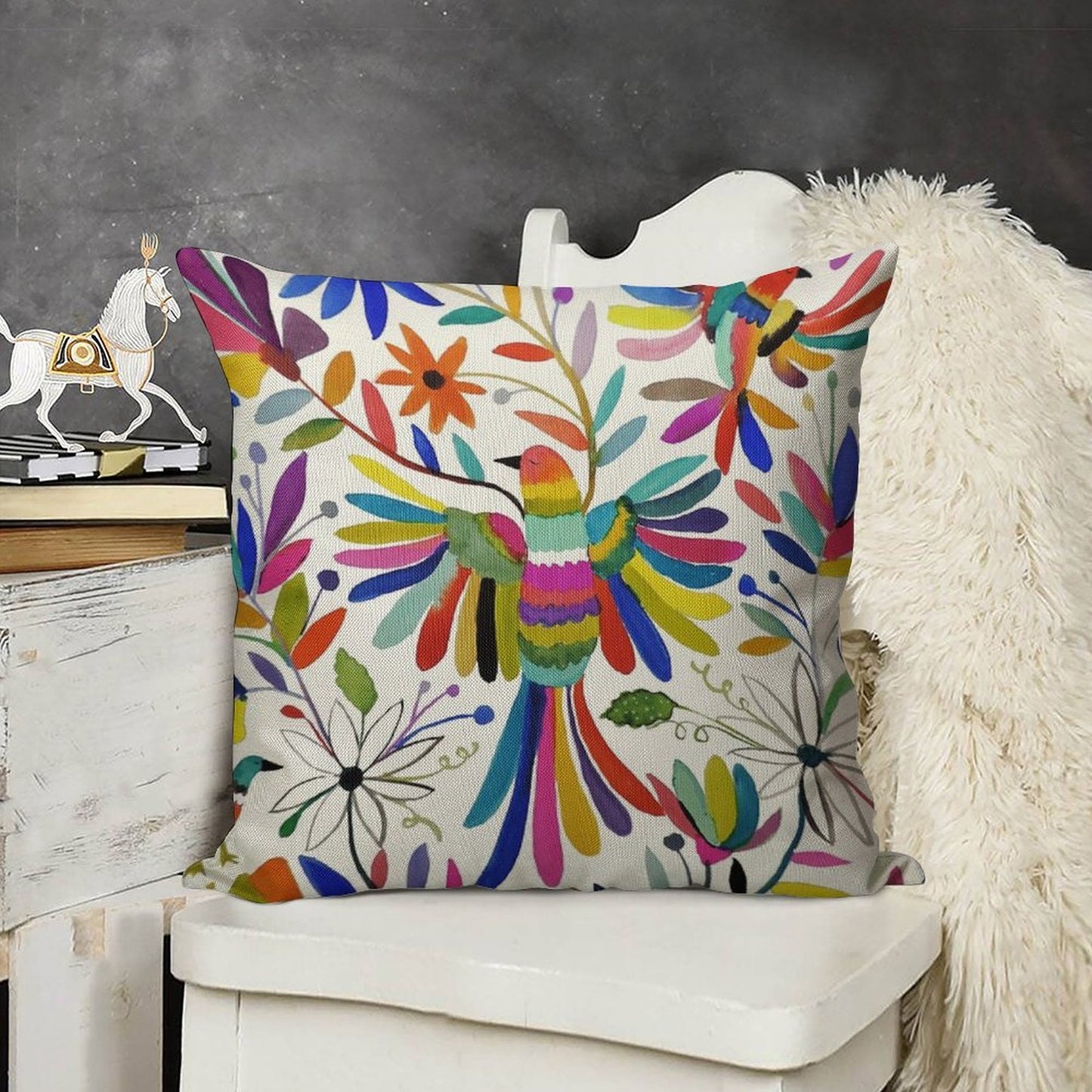 Otomi Bird Linen Throw Pillow Cover