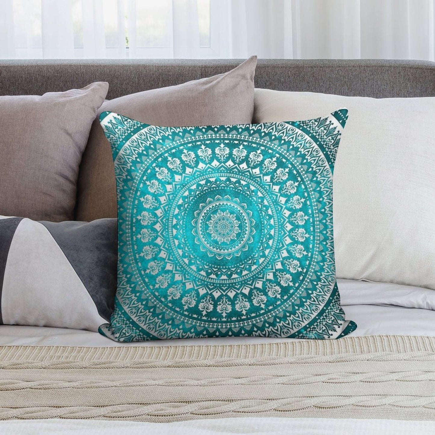 Mandala Turquoise Soft Reinforced Edging Throw Pillow
