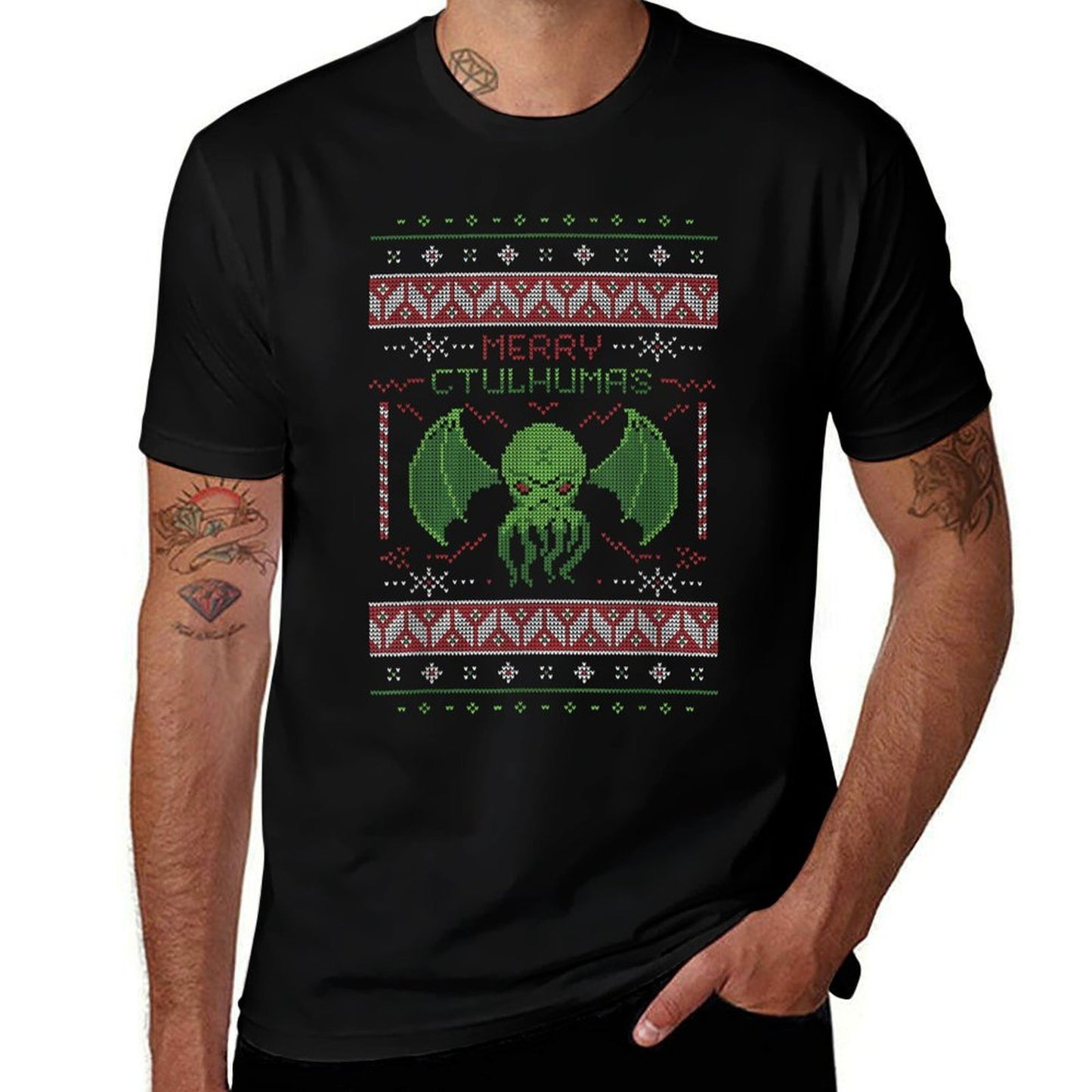 Merry Cthulhumas! Ugly Christmas Sweater Cthulhu  Ribbed Collar T-Shirt