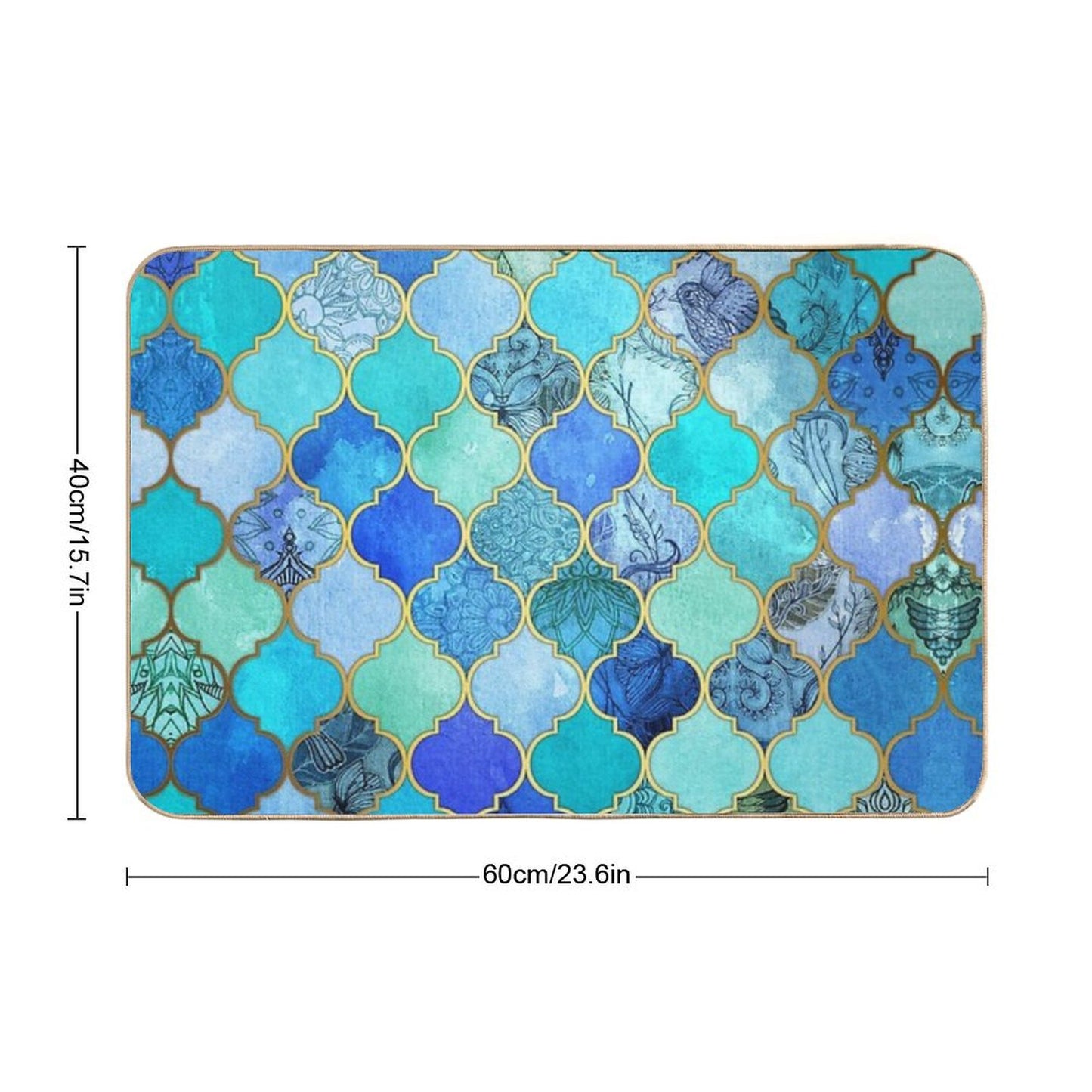 Cobalt Blue, Aqua & Gold Decorative Moroccan Tile Pattern Bath Mat