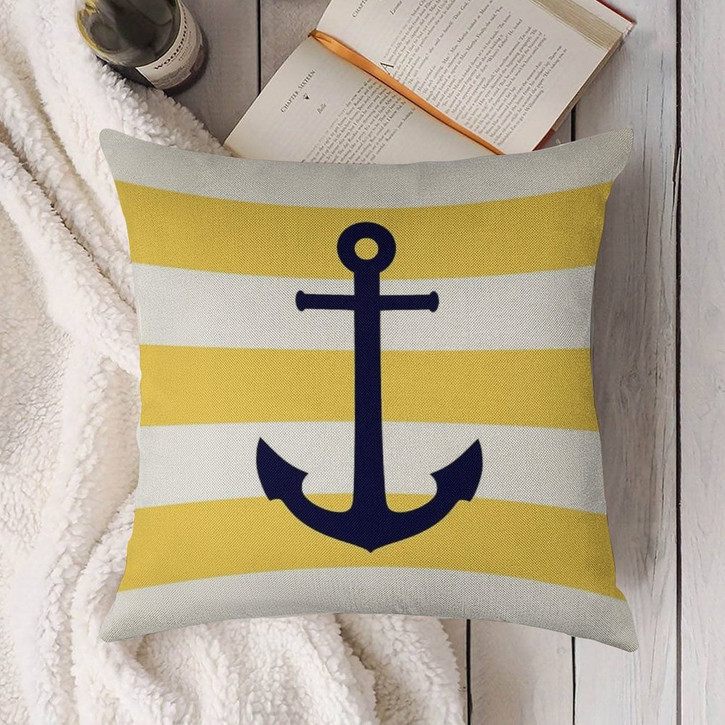 Nautical Navy Blue Anchor On Mustard Yellow Stripes Linen Throw Pillow Cover