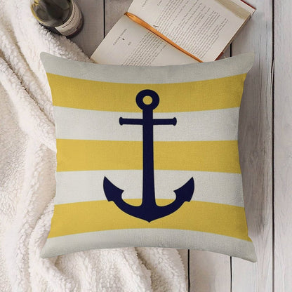 Nautical Navy Blue Anchor On Mustard Yellow Stripes Linen Throw Pillow Cover