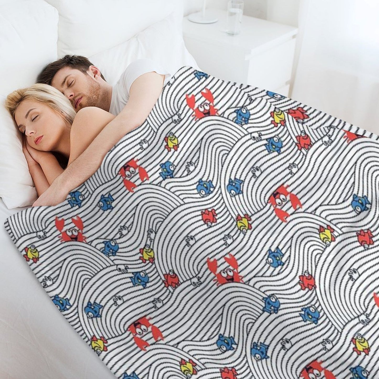 Grafic Waves from Stripes with Fish And Crabs. Sea Seamless Pattern. Throw Blanket