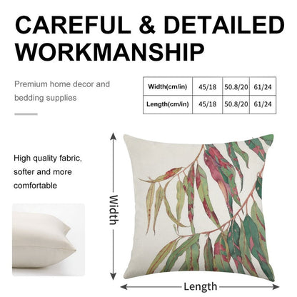 A Touch of Red - Watercolour of Eucalyptus Branch Linen Throw Pillow Cover