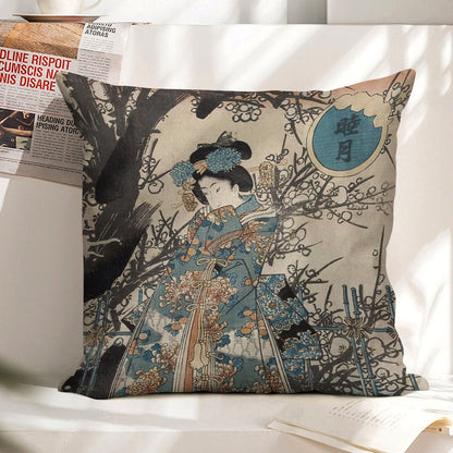 Classic Vintage Ukiyo-e Japanese Art Geisha Portrait Linen Throw Pillow Cover