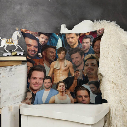 Sebastian Stan Photo Collage Linen Throw Pillow Cover