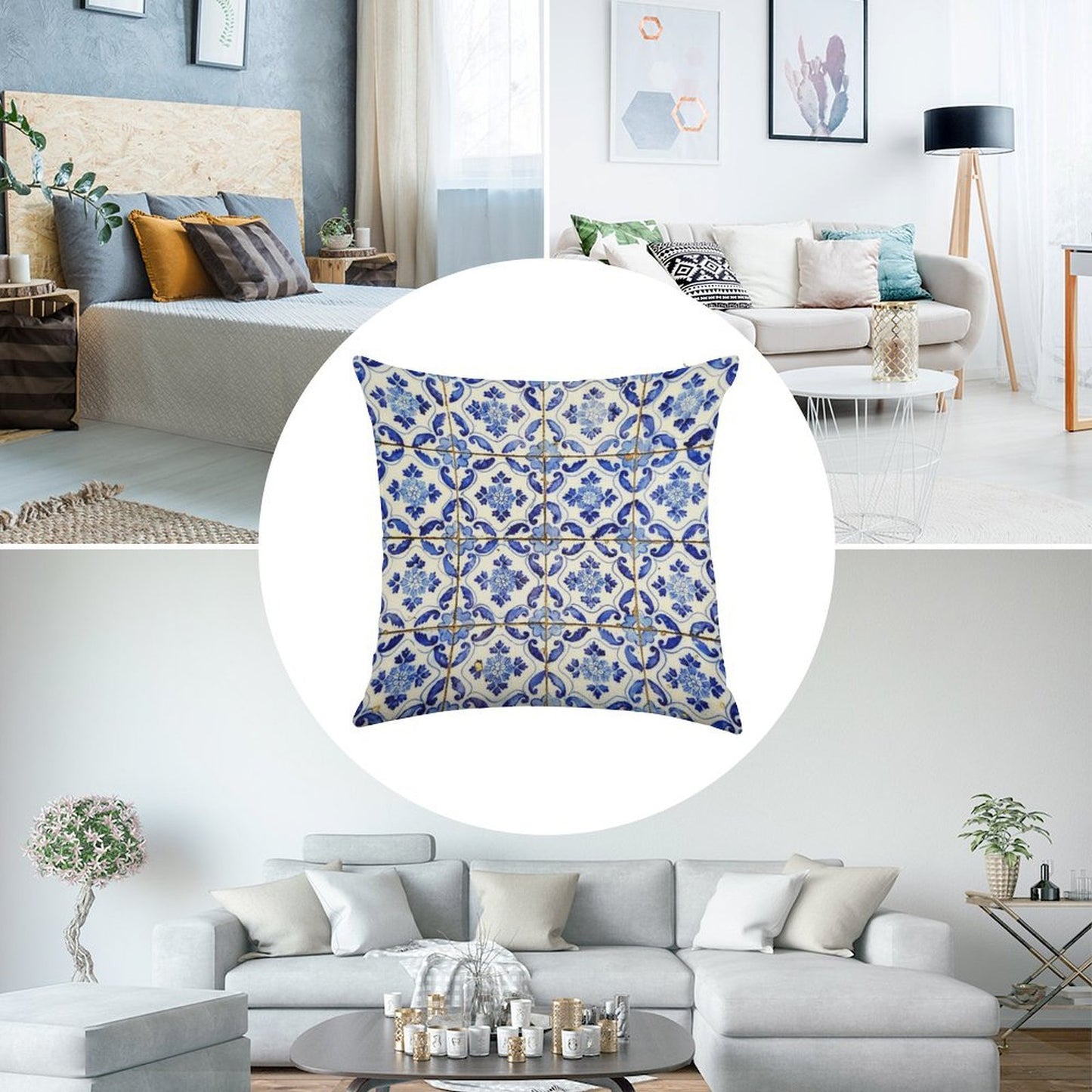 Portuguese Tiles. Blue Flowers And Leaves Linen Throw Pillow Cover
