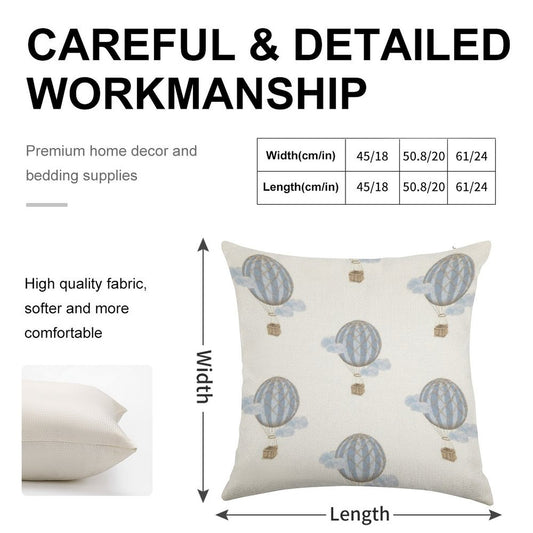 Blue Vintage Hot Air Balloon Linen Throw Pillow Cover
