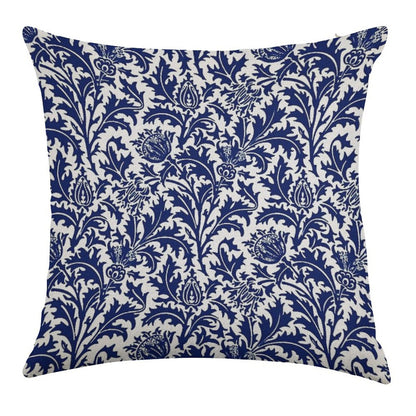 William Morris Thistle Damask, Navy Blue And White Linen Throw Pillow Cover