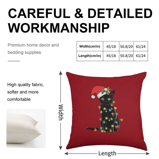 Santa Black Cat Tangled Up In Christmas Tree Lights Holiday Linen Throw Pillow Cover