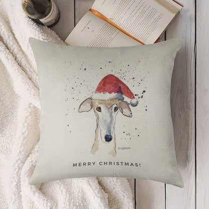 Galgo Espanol Christmas Hat Card, Brindle Greyhound Art Linen Throw Pillow Cover