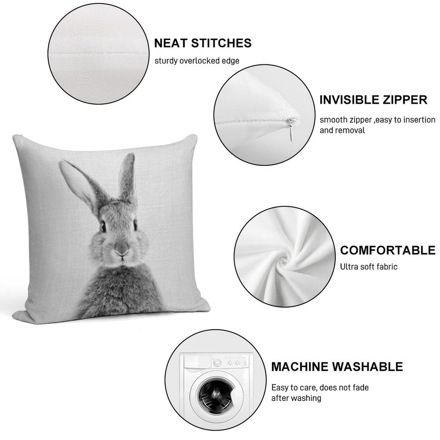 Rabbit - Black & White Soft Fade-Resistant Throw Pillow