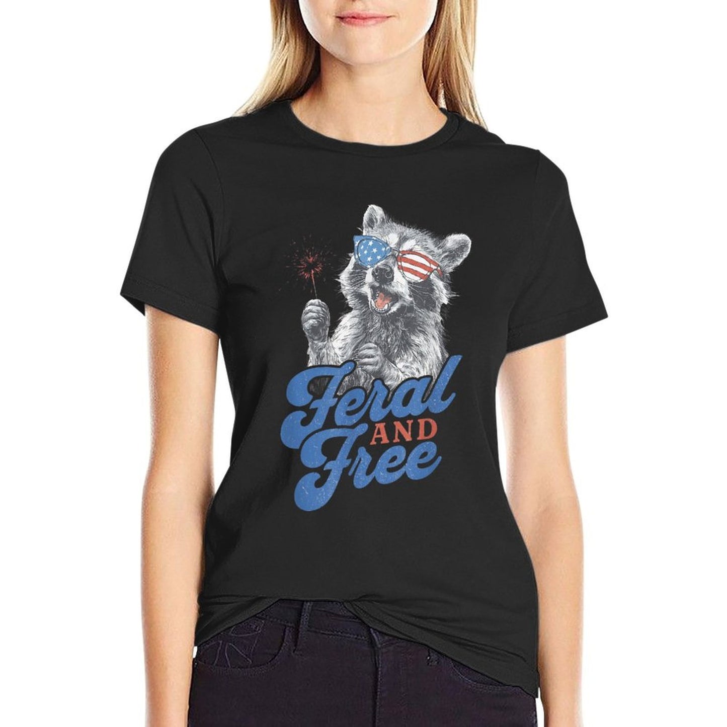 Feral & Free Funny Patriotic Racoon Feral And Free 4th July  Lightweight T-Shirt