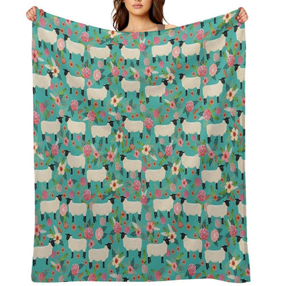 Sheep Farm Sanctuary Florals Pattern Cute Gifts for Animal Lovers Throw Blanket