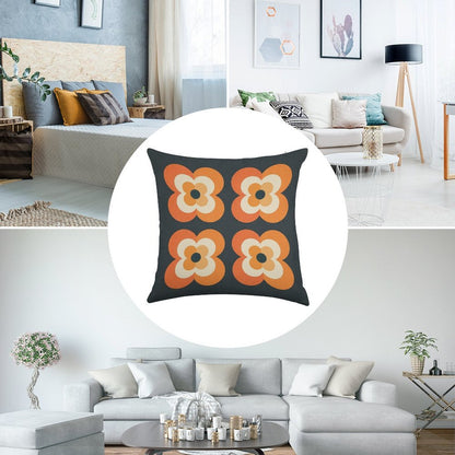 Retro Flowers - Orange And Charcoal Linen Throw Pillow Cover