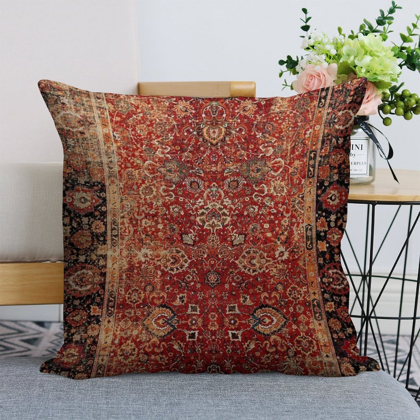 17th Century Afghanistan Rug Print Linen Throw Pillow Cover