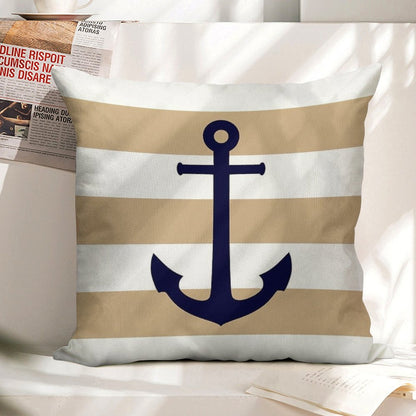 Nautical Navy Blue Anchor On Tropical Tan Stripes Linen Throw Pillow Cover