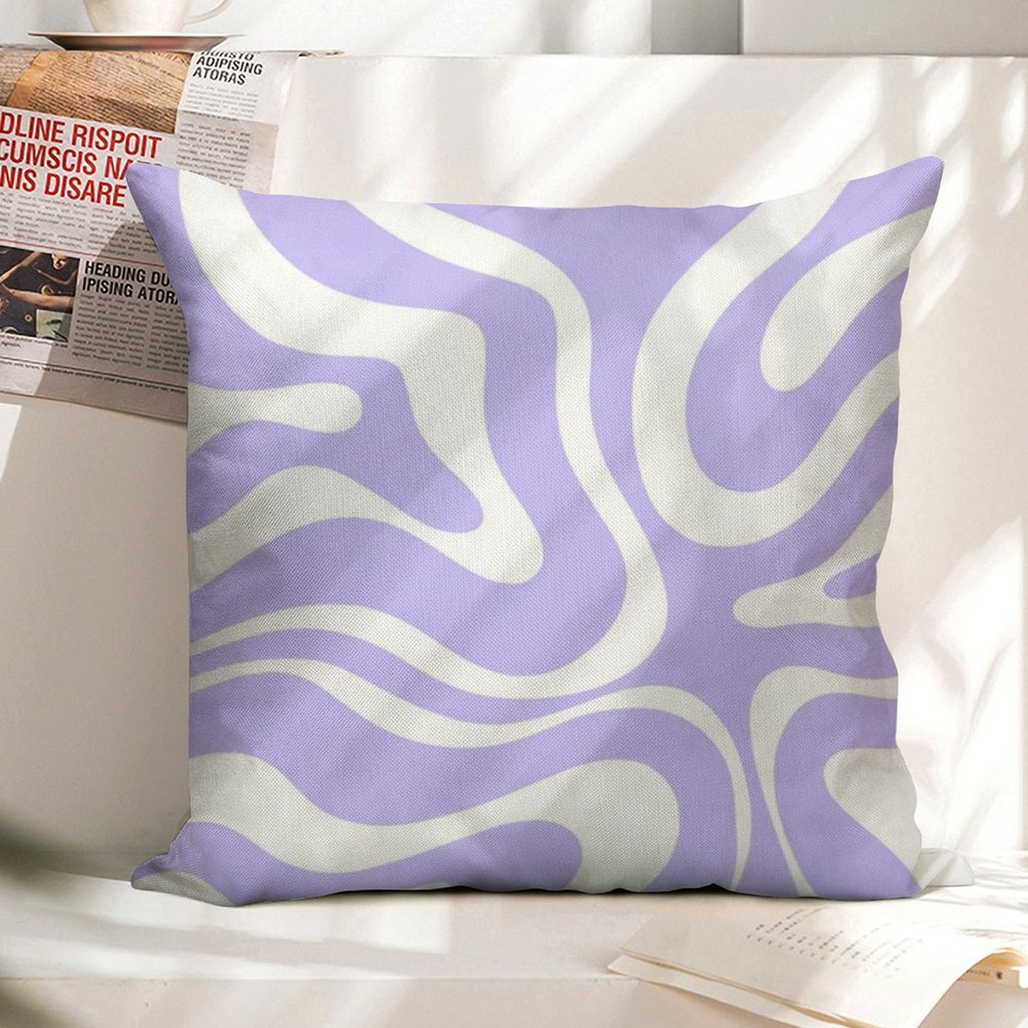 Retro Modern Liquid Swirl Abstract Pattern Square in Light Purple And White Linen Throw Pillow Cover