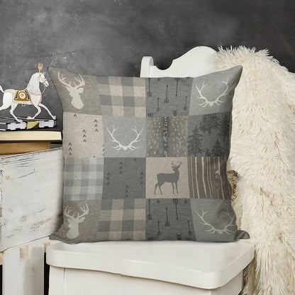 Rustic Woodland Patchwork - Grey And Beige Linen Throw Pillow Cover