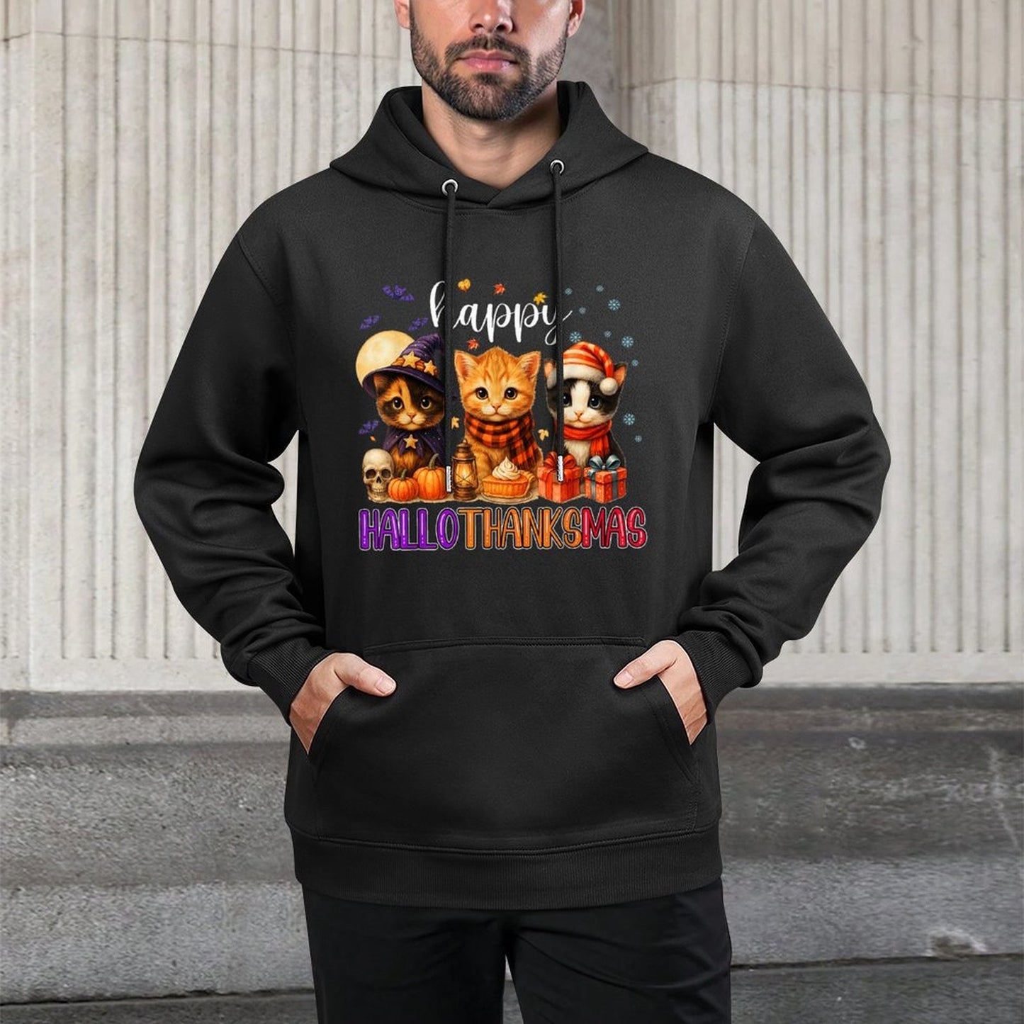 Happy HalloThanksMas Funny Halloween Thanksgiving Christmas Colorfast Hoodie