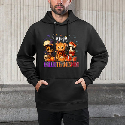 Happy HalloThanksMas Funny Halloween Thanksgiving Christmas Colorfast Hoodie
