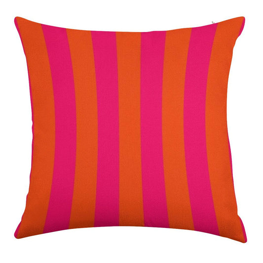 Bright Neon Pink And Orange Vertical Cabana Tent Stripes Linen Throw Pillow Cover