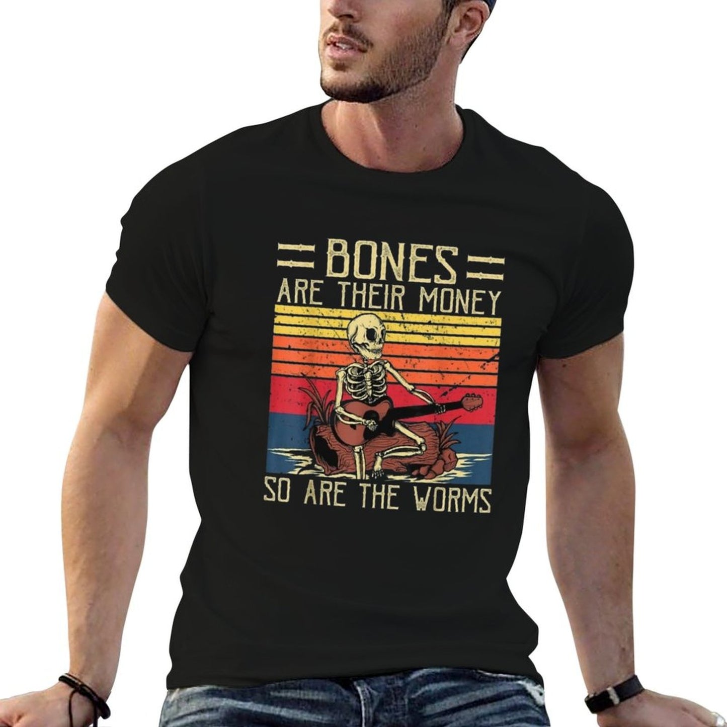 Bones Are Their Money  Skeleton Playing Guitar Retro Vintage  Moisture-wicking T-Shirt