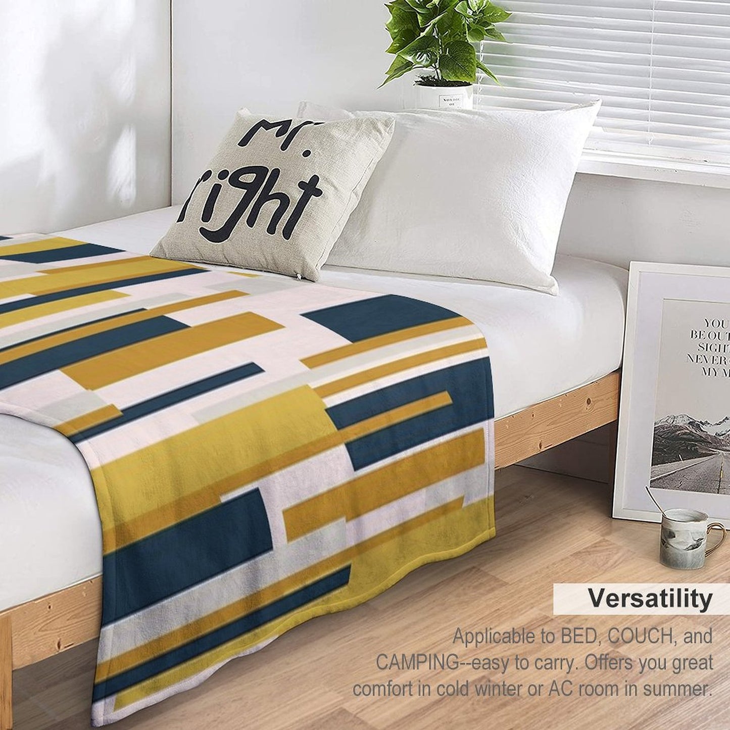 Wright Midcentury Modern Geometric Abstract Pattern in Mustard Yellow, Navy Blue, And Pale Blush Throw Blanket