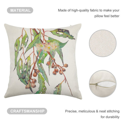 Watercolour Eucalyptus Tree Branch with White Flowers & Gumnuts. Linen Throw Pillow Cover
