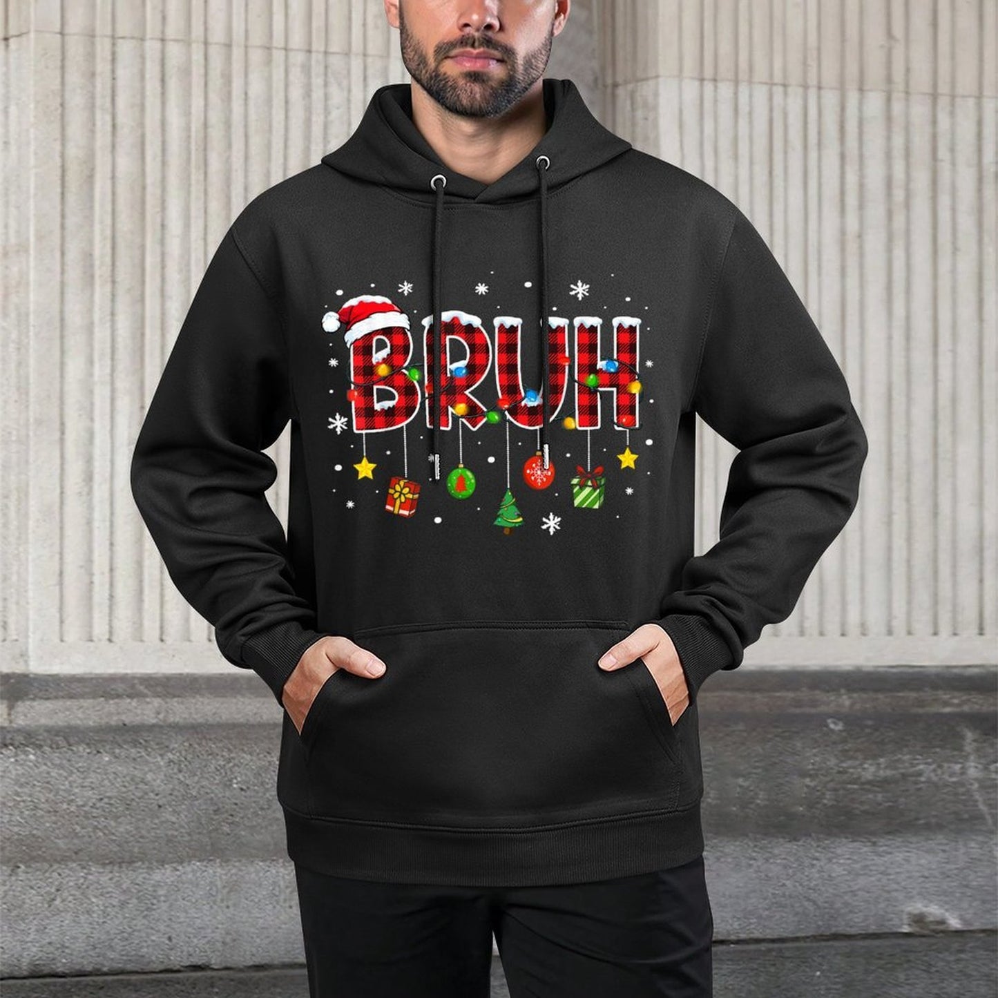 Bruh Funny Christmas Plaidns Boys Kids Xmas Pajamas Adjustable Hood Hoodie