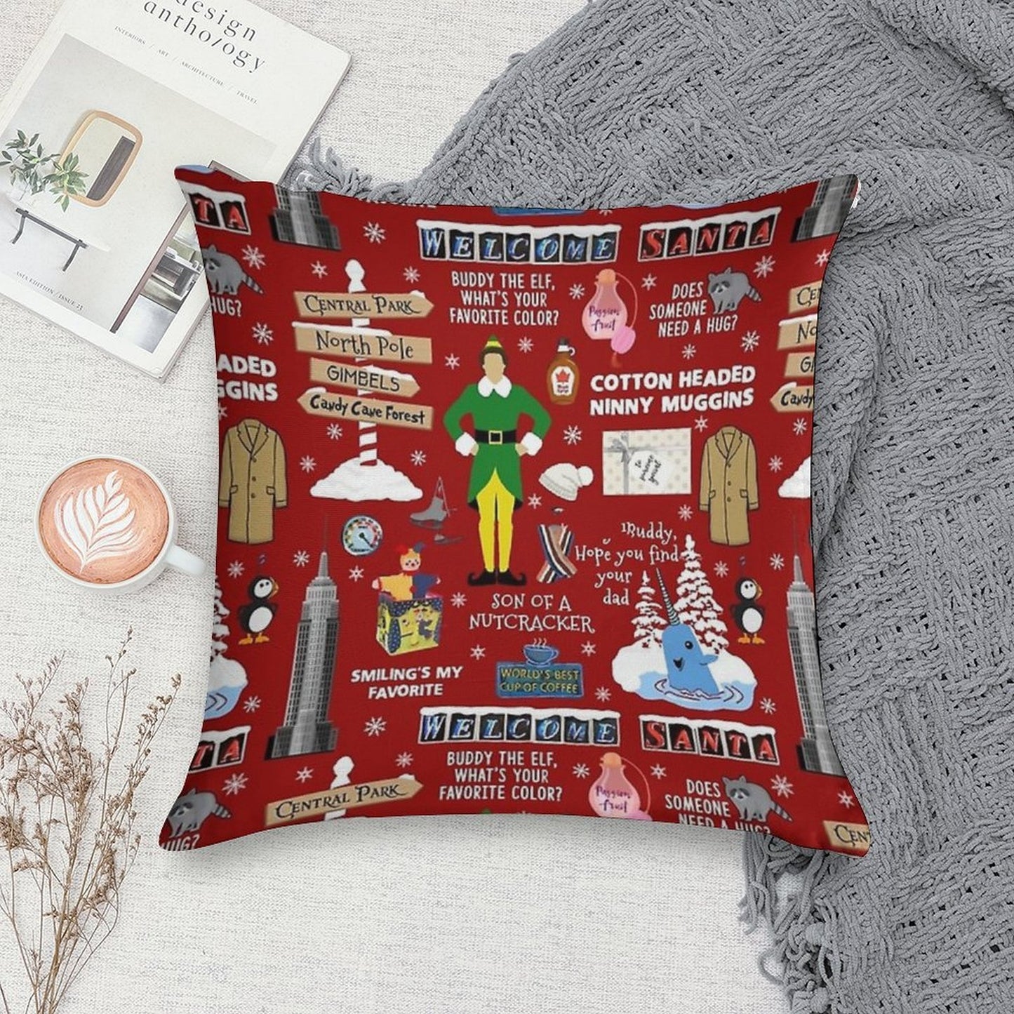 Buddy The Elf Collage, Red Background Soft Ultra-Soft Texture Throw Pillow