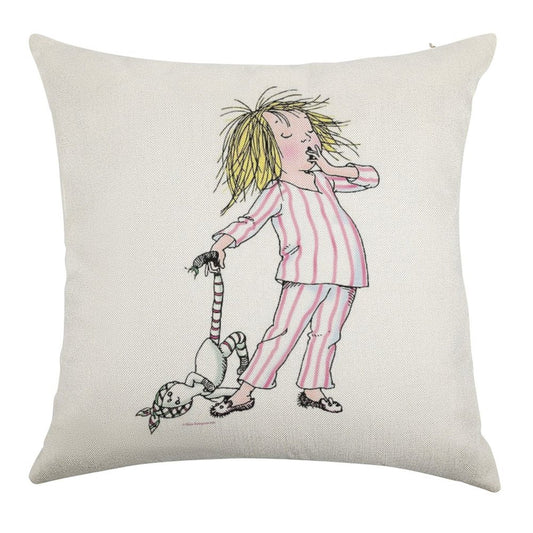 Yawning Eloise in Her Pajamas Linen Throw Pillow Cover