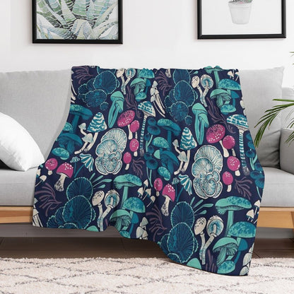 Mystical Fungi  Midnight Blue Background Mint Teal And Dark Pink Wild Mushrooms Throw Blanket